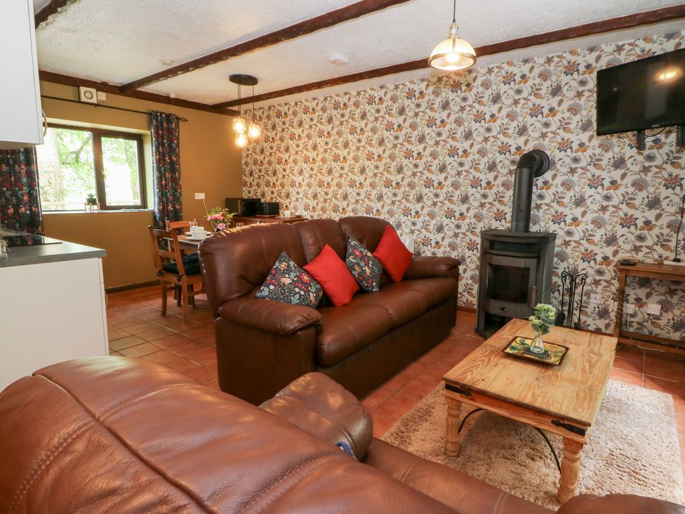 A living room with a wood stove and sofa at The Stable in Llandysul