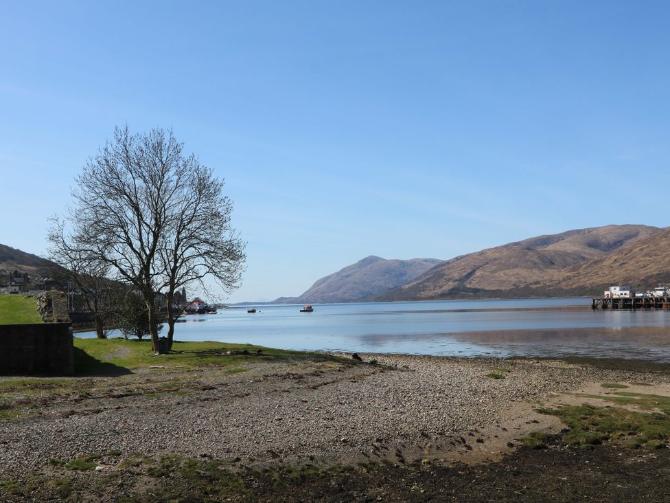 A view of a tree by the water and mountains at Nevis Bridge House in Fort William