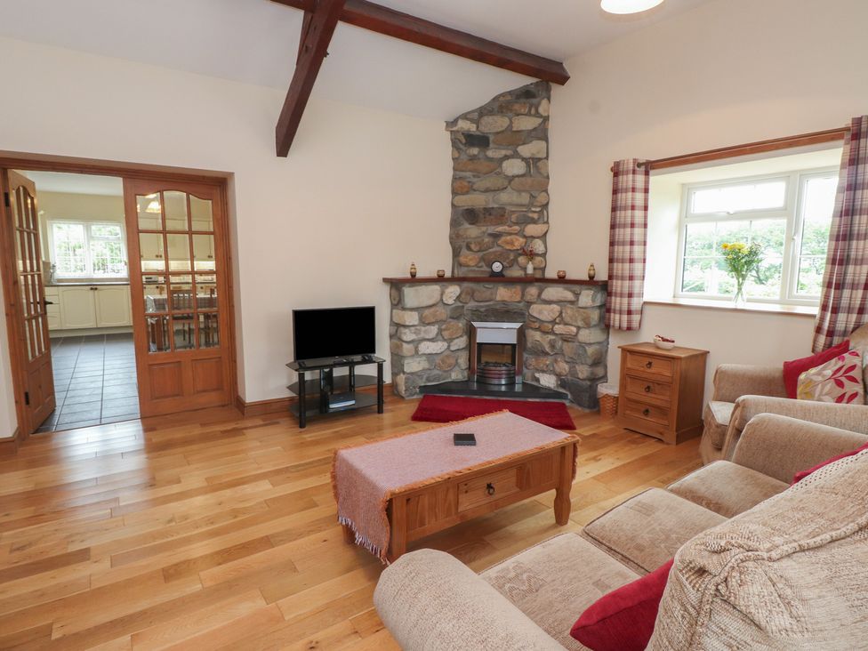 A living room with a fireplace and sofa at Bryn Caled in Llanarmon near Y Ffor