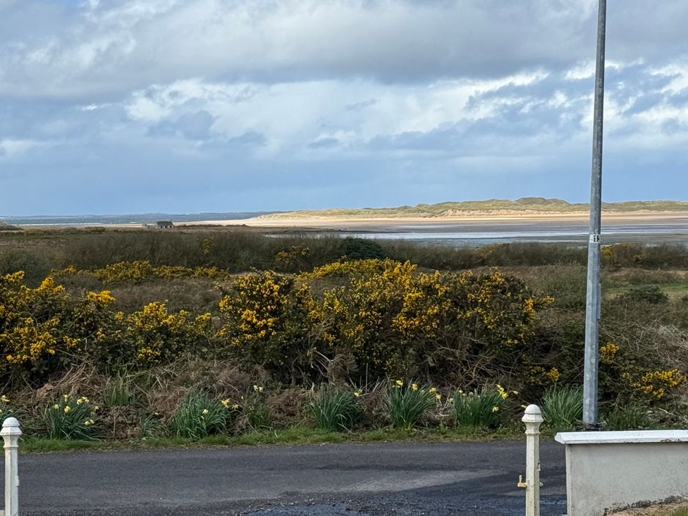 A view of the beach and sea with bushes in the foreground at Geesala