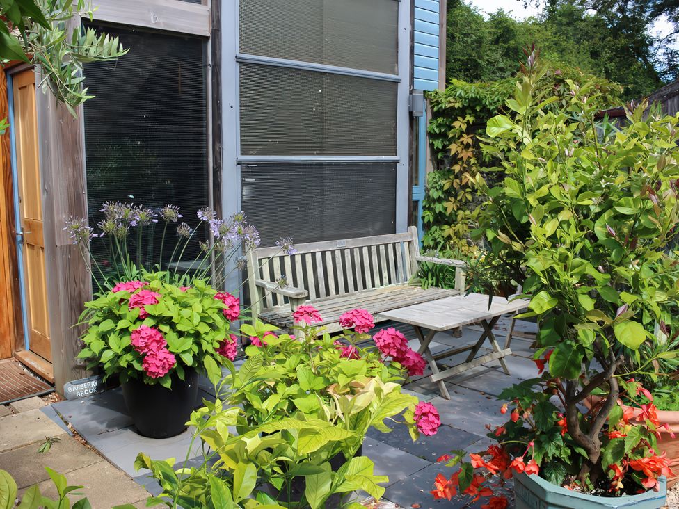 A garden with flowers and seating area at Barberry Brook in Dittisham