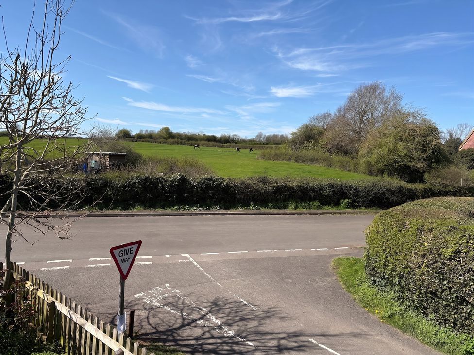 A field with cows and a road sign at The Cottage in Ettington