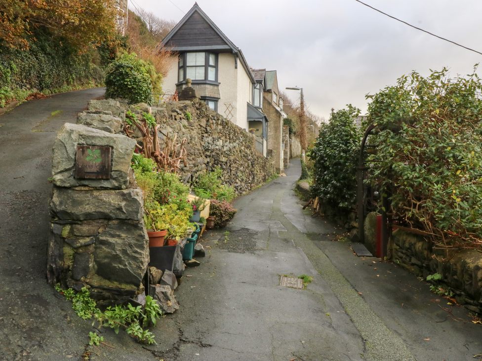 A road with stone wall and plants at Ty'n-Y-Ffynnon Cottage in Barmouth