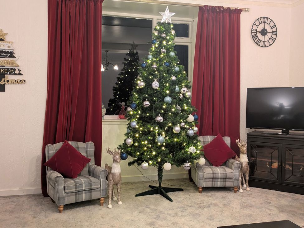 A living room with a Christmas tree and armchairs at Ivy House in Kingussie
