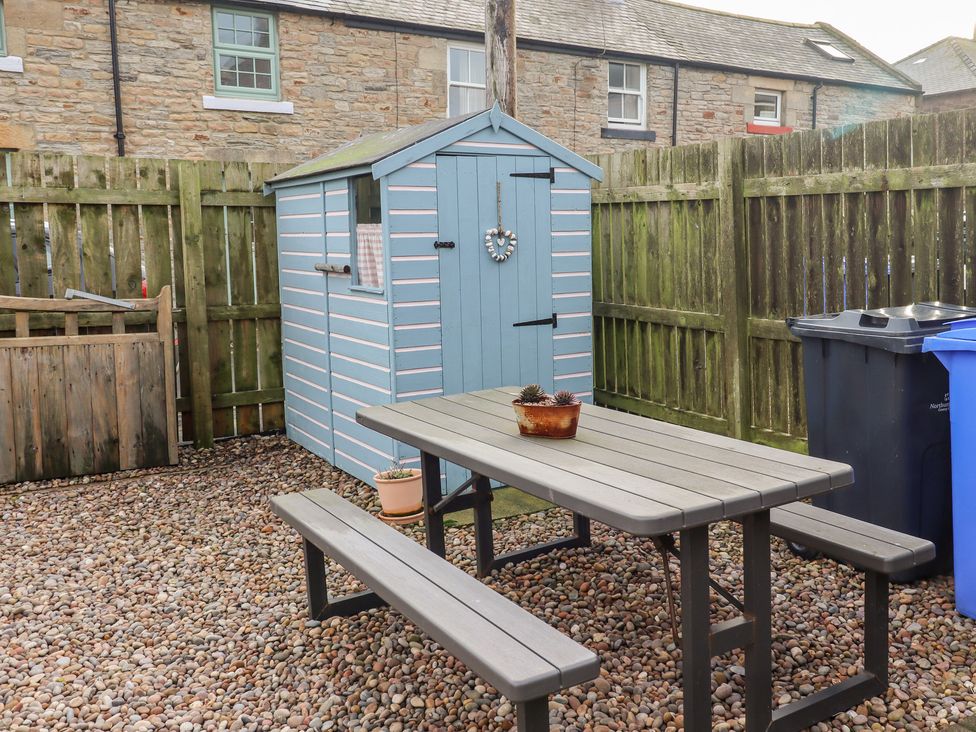 A backyard with a pebble ground a wooden fence a blue shed a picnic table with benches and two trash bins at Seahares in Seahouses