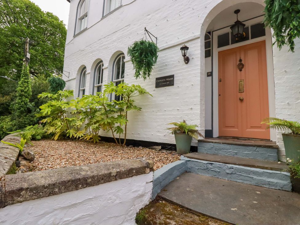 The entrance of Clematis House in St Columb Major with plants and a peach door