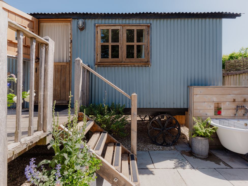 A garden with steps leading to a blue shed at Spindleberry Hut in Piddletrenthide