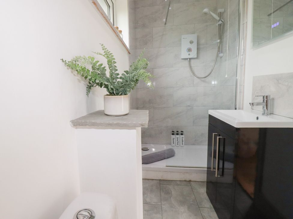 A bathroom featuring a sink, shower, and toilet at The Tinystore in Bodmin