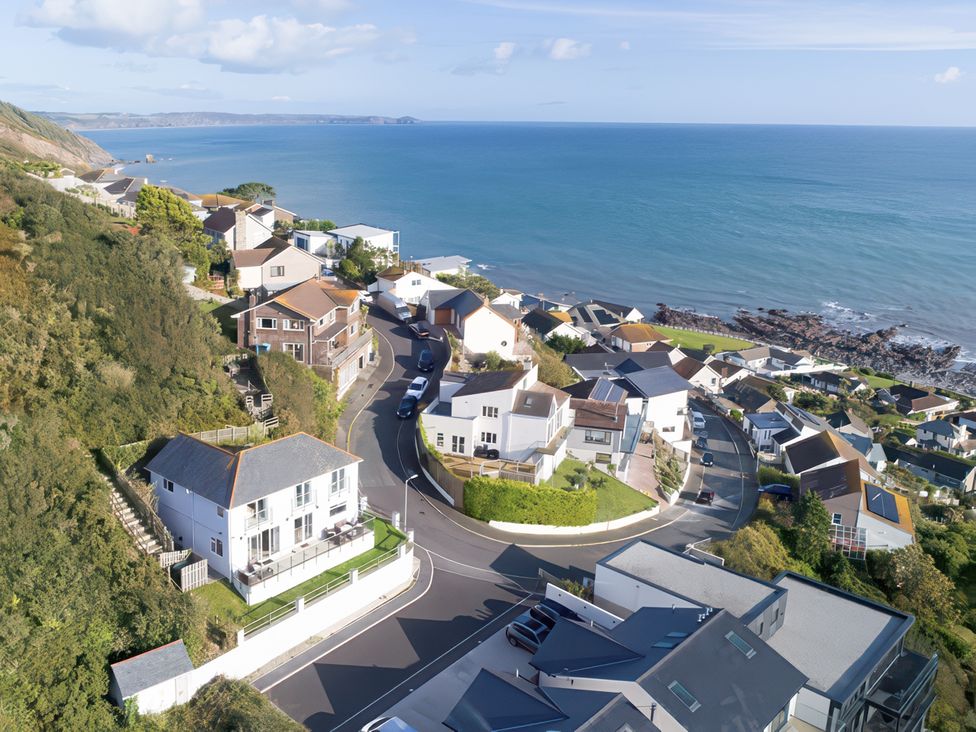 An aerial view of houses and ocean at Looe Island View in Downderry