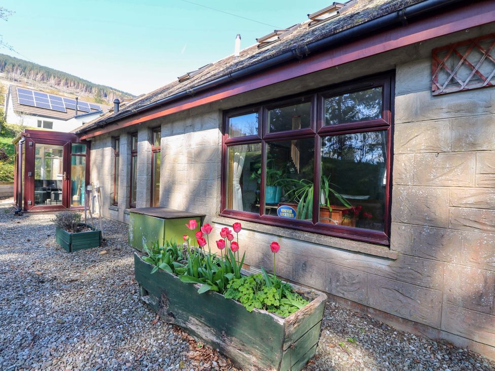 An outdoor view of a garden with planters and flowers at Ninevah, Balquhidder, Perthshire, Scotland