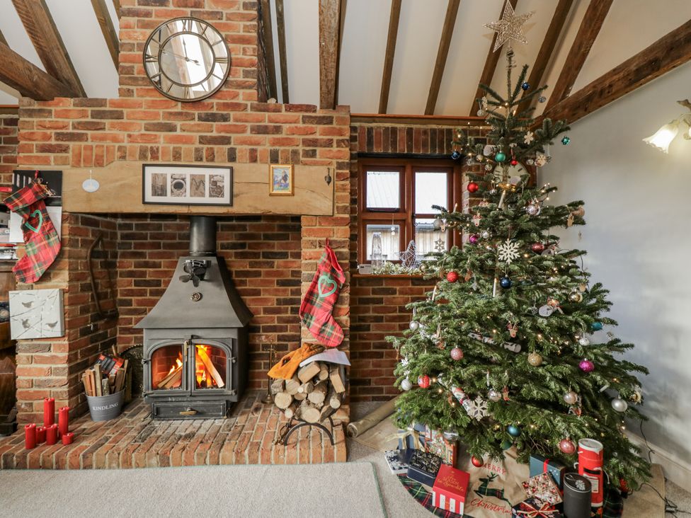 A living room with a fireplace and a Christmas tree at The Old Byre in Woodfalls