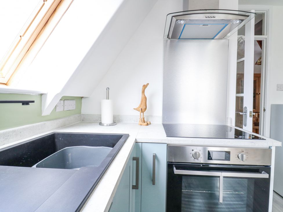 A kitchen countertop with a black sink, paper towel holder, wooden duck figurine, electric stove, and oven at Kingfisher in Isleham