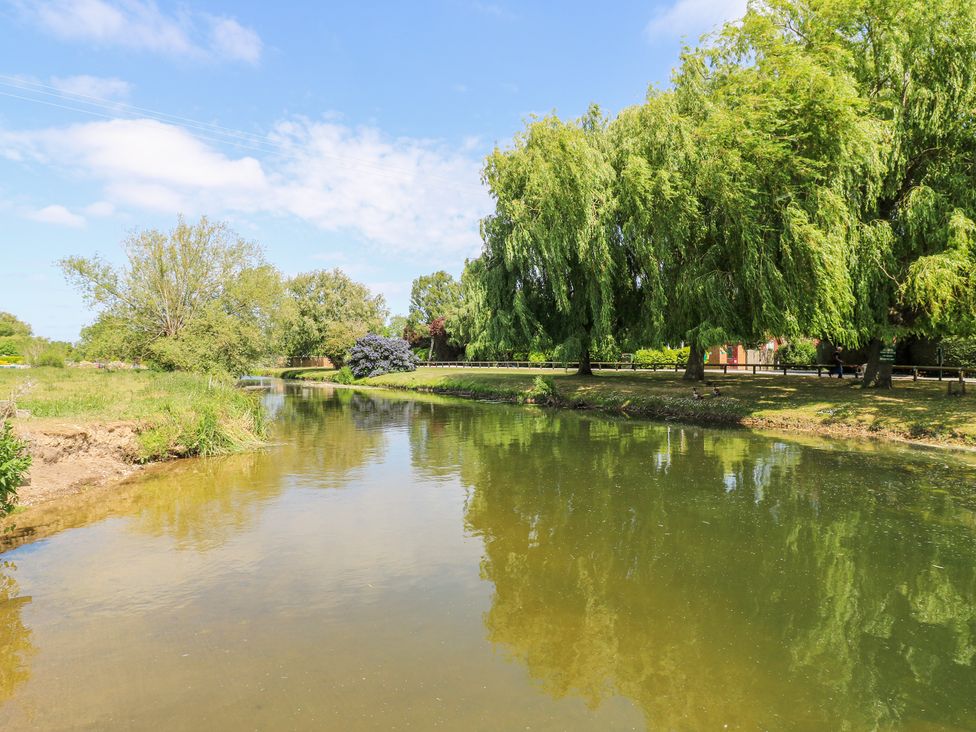 A river with green trees and grass on the banks under a blue sky at Kingfisher in Isleham