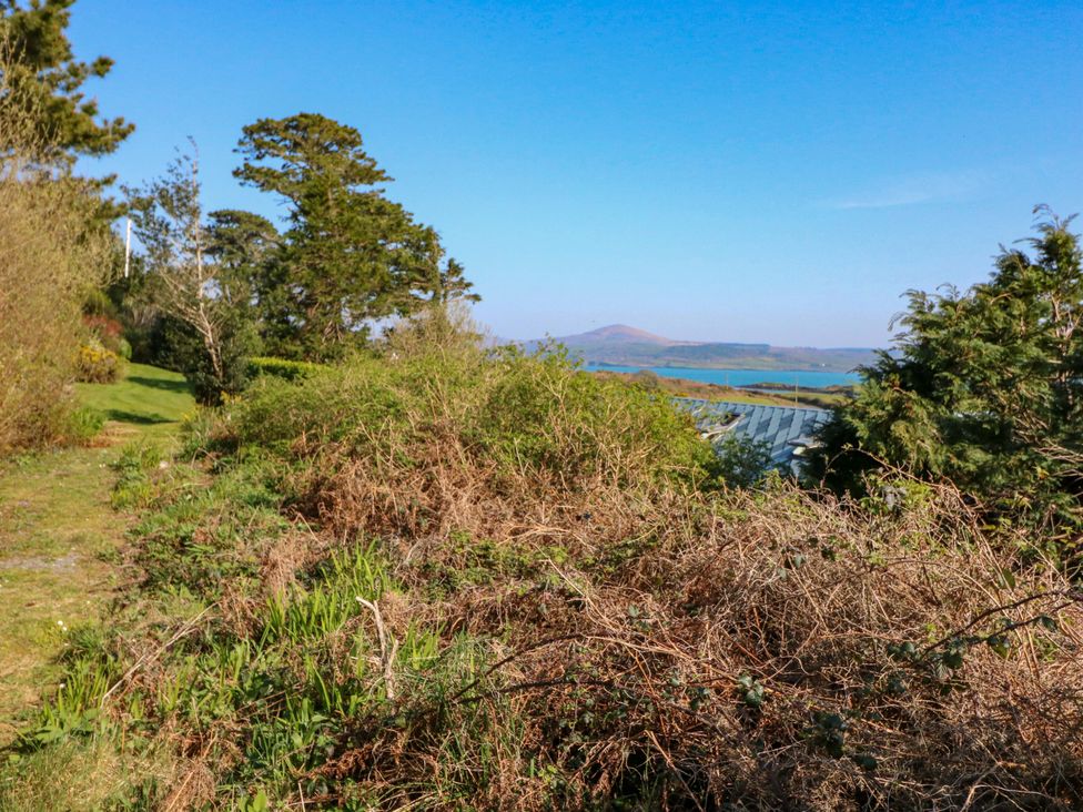 A view of bushes and trees overlooking water and hills at Whispering Pines in Durrus, County Cork