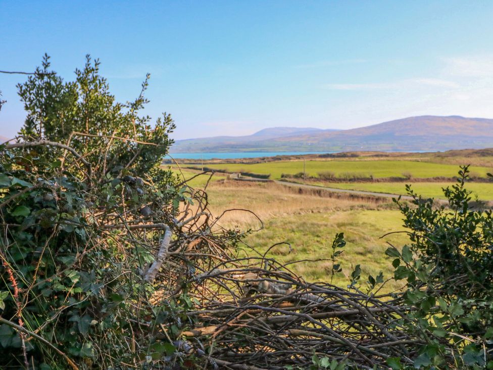 A view of hills and water with bushes in the foreground at Whispering Pines, Durrus, County Cork