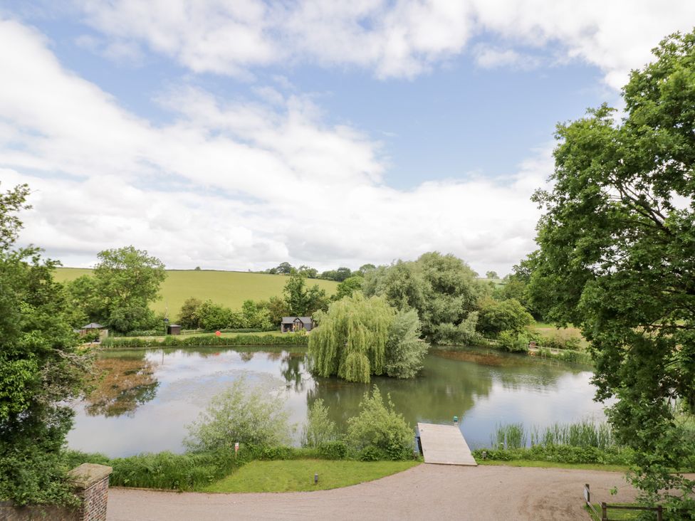 A view of a pond surrounded by trees and grass at The Tunnel at Bridge Lake Farm and Fishery in Chacombe