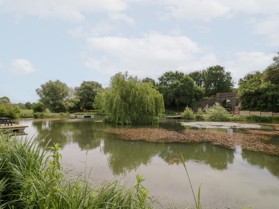 A scenic pond with greenery and a bridge at The Tunnel at Bridge Lake Farm and Fishery in Chacombe