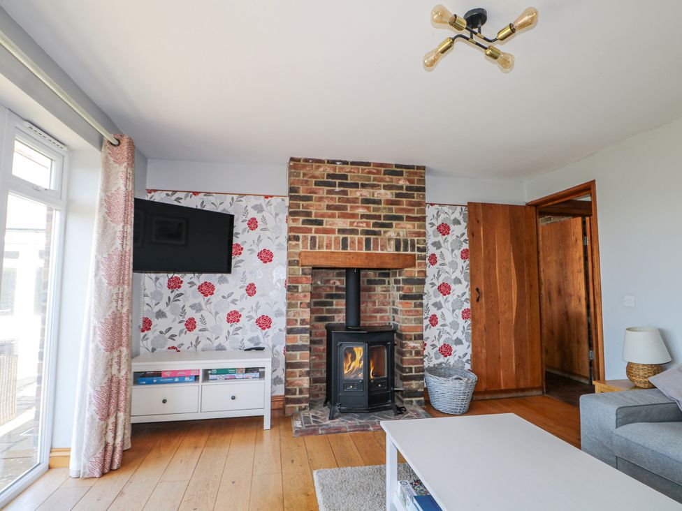 A living room with a fireplace and TV at 50 Harbour Road Pagham