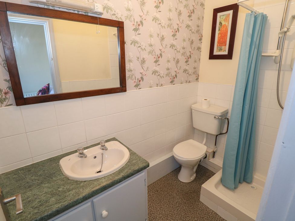 A bathroom with a sink, toilet, and shower at Sea View House in Tully, County Galway
