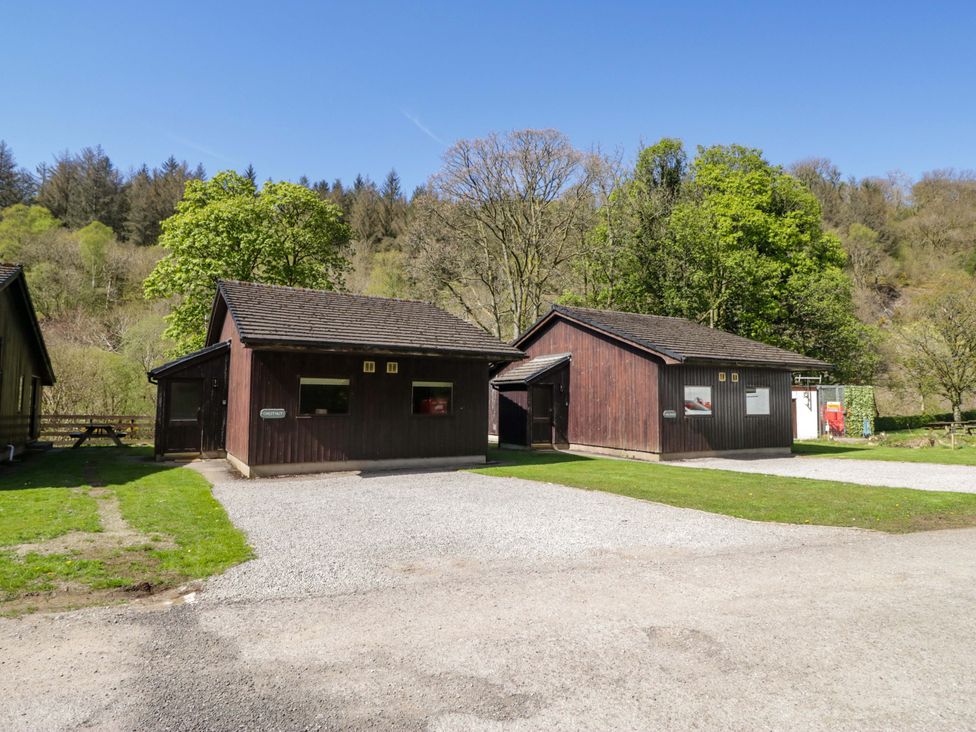 Two wooden cabins with trees in an outdoor area at Chestnut Timber Lodge in Keswick