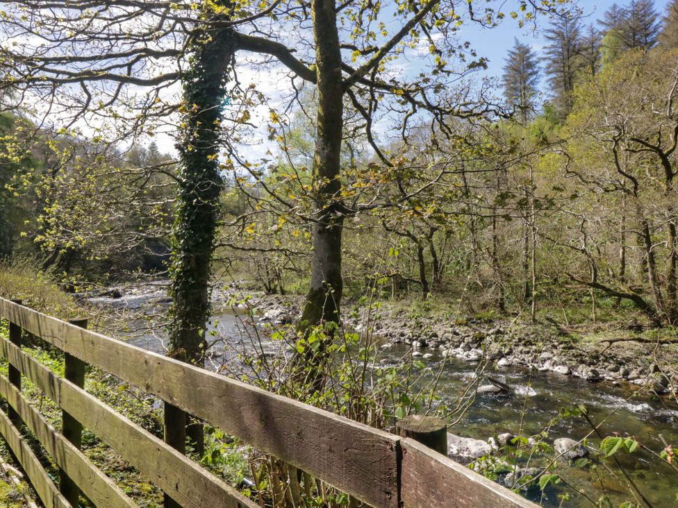A river with trees and fence at Dogwood Timber Lodge in Keswick