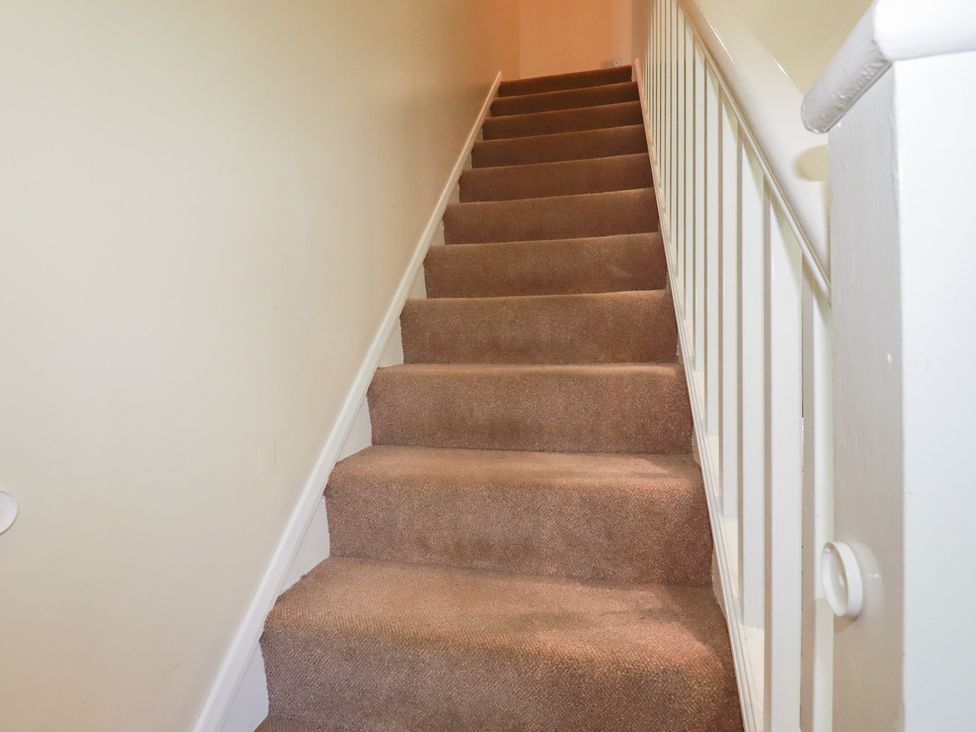 A staircase with carpeted steps and a handrail at 64 St Columb Nr Newquay