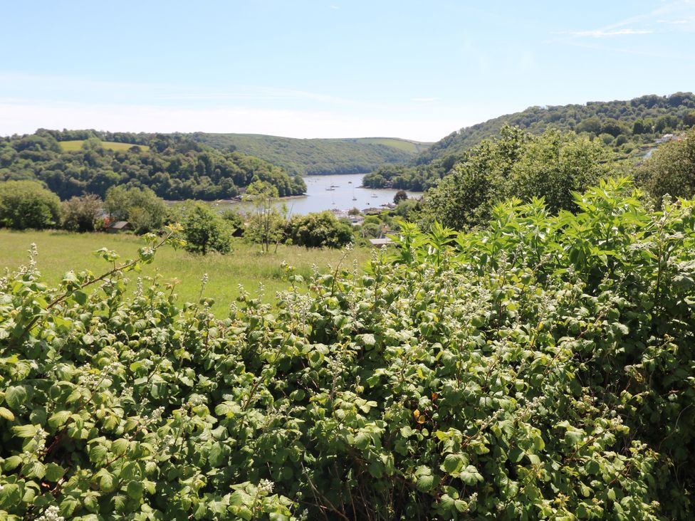 A view of a river surrounded by hills and greenery at November Cottage Dittisham