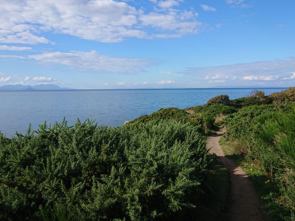 A path leading to the ocean with bushes at Learig Cottage in Girvan