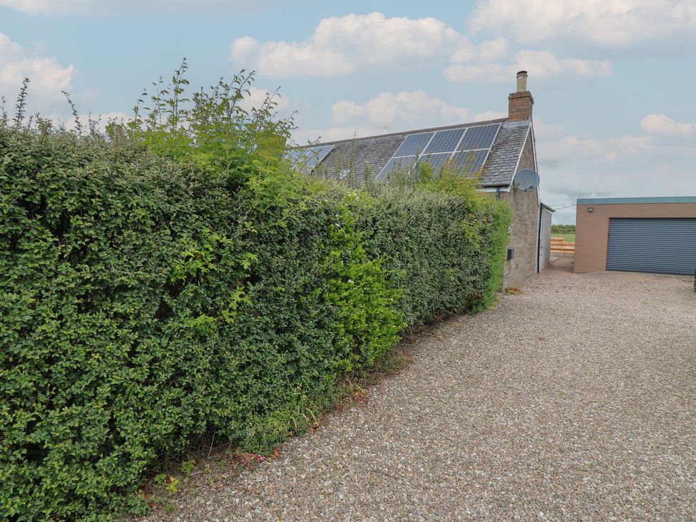 A house with solar panels and garage near a hedge at Rowan Cottage Redcastle near Arbroath