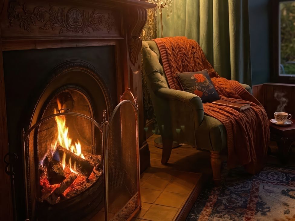 A living room with a fireplace and an armchair at Wonderland in Tweedmouth, Berwick-Upon-Tweed