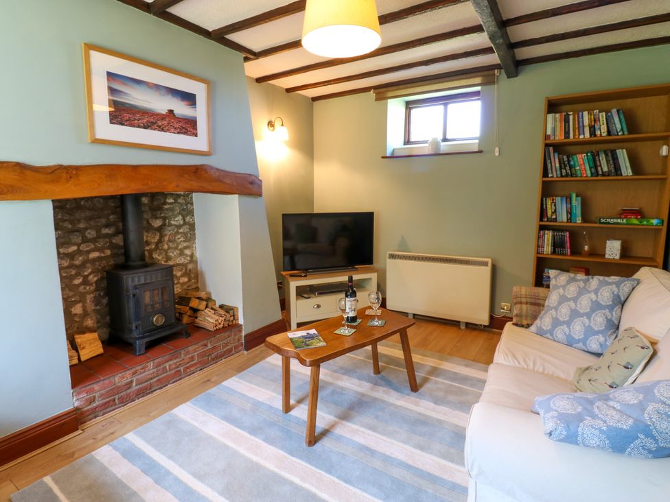 A living room with a fireplace and bookshelves at Mordon Moor Cottage Sedgefield, County Durham