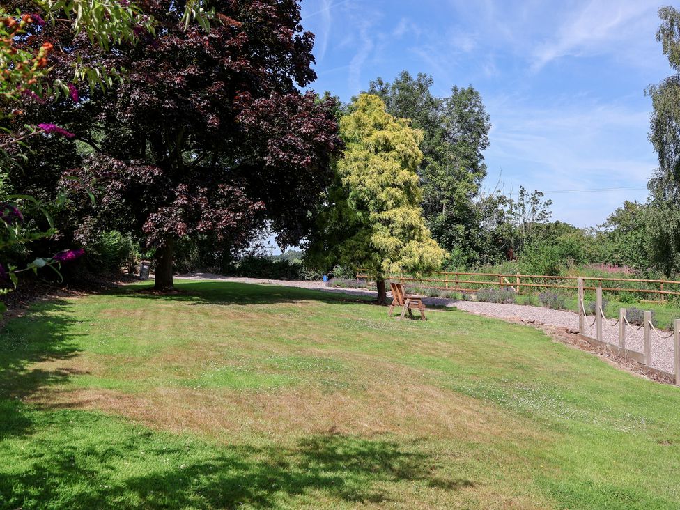 A garden with trees and a pathway at 1 Fountain Cottages in Peckforton, Tarporley