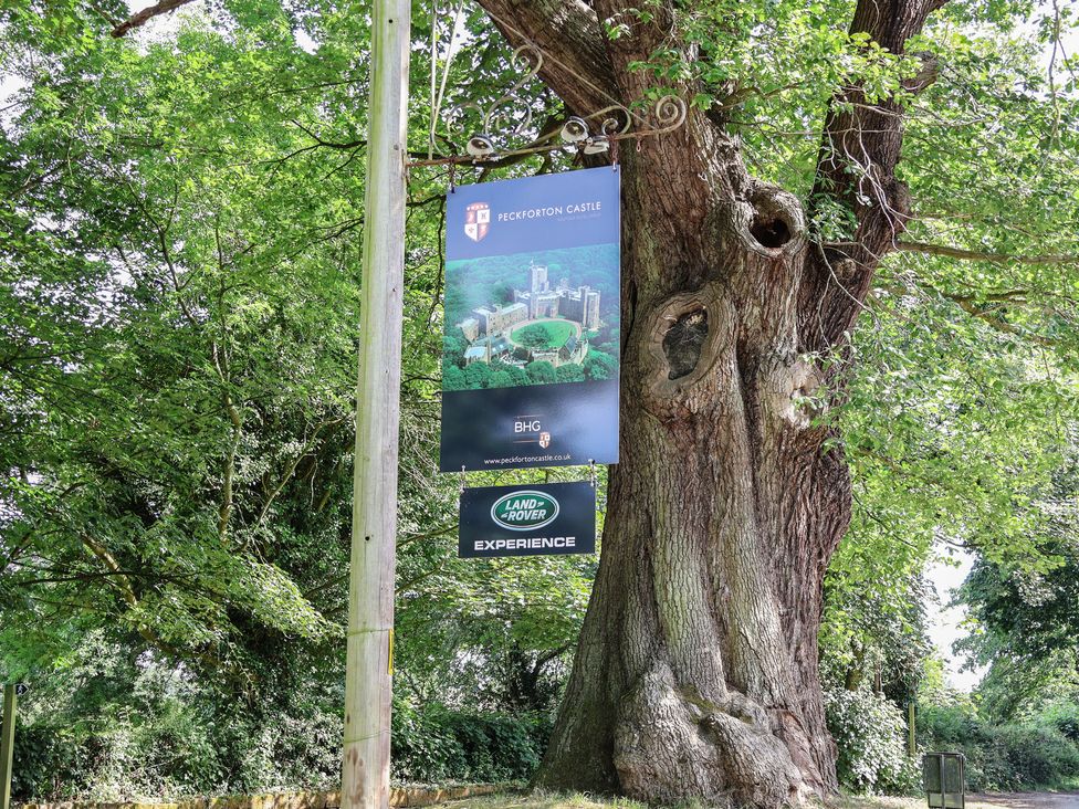 A sign for Peckforton Castle near a tree in Peckforton, Tarporley