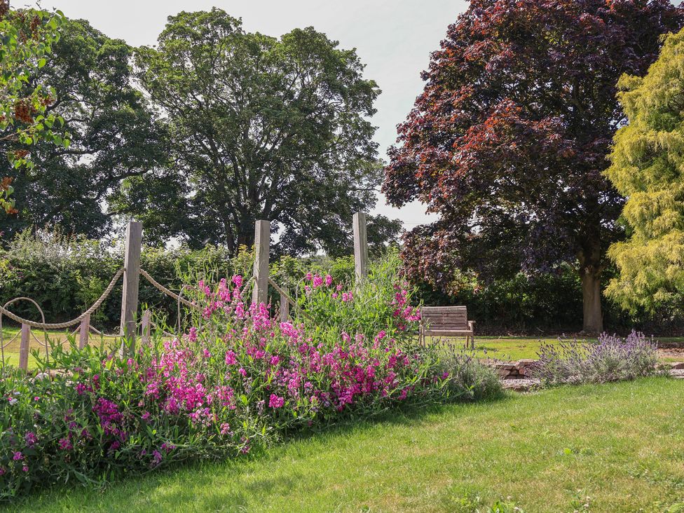 A garden with flowers and trees at 1 Fountain Cottages, Peckforton