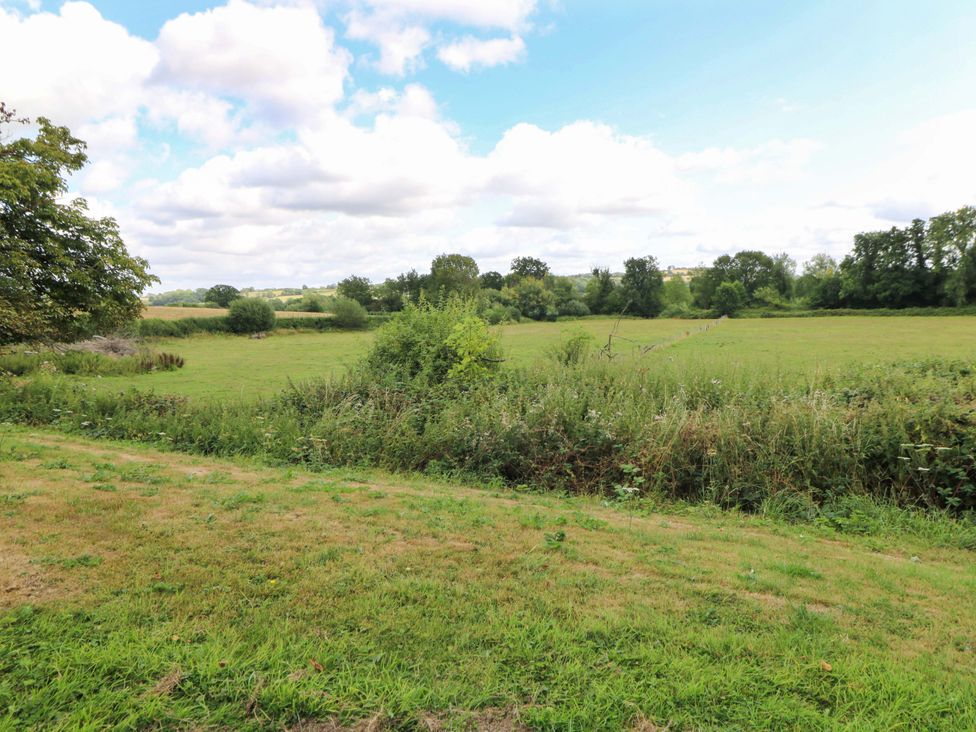 A grassy field with trees and clouds at Gaer Hall in Welshpool