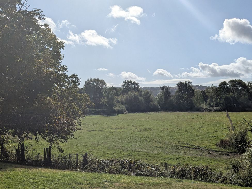 A view of a field with trees and a fence at Gaer Hall in Guilsfield