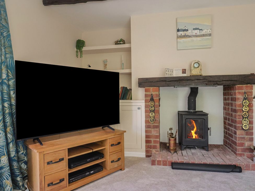 A living room with a television and a fireplace at Woodstock in Chard