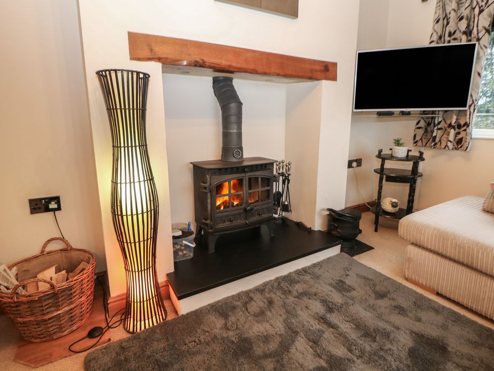 A living room with a stove and lamp at The Beeches in Aldwark near Winster