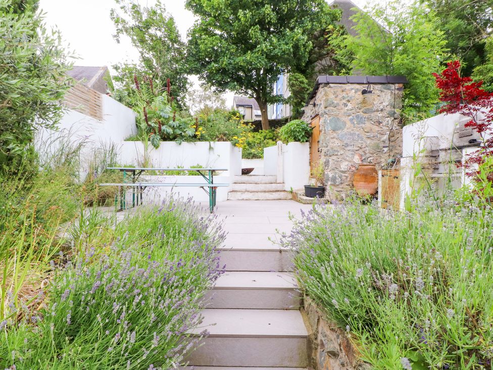 A garden with decorative plants and a table at Hendre in Menai Bridge