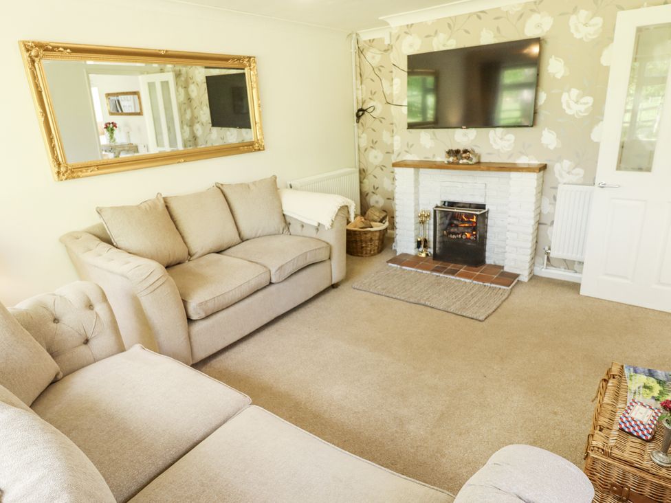 A living room with a sofa and fireplace at Lake View Cottage in Well near Alford