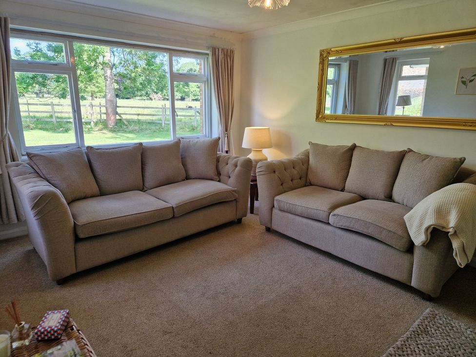 A living room with sofas and a lamp at Lake View Cottage Well near Alford