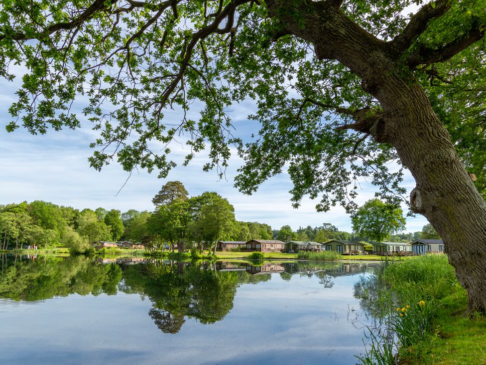 A view of cabins by a lake with trees at Stables Cottage in Shobdon