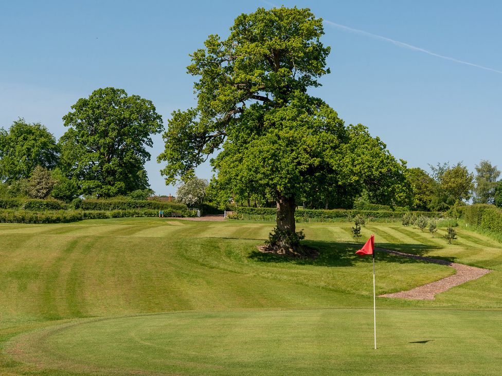 A golf course with a tree and red flag at Keepers Cottage in Shobdon