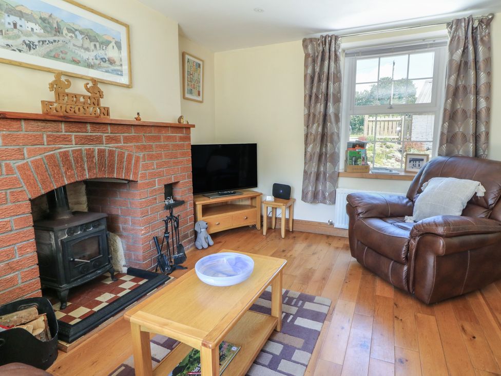 A living room with a fireplace and television at Felin Gogoyan in Tregaron
