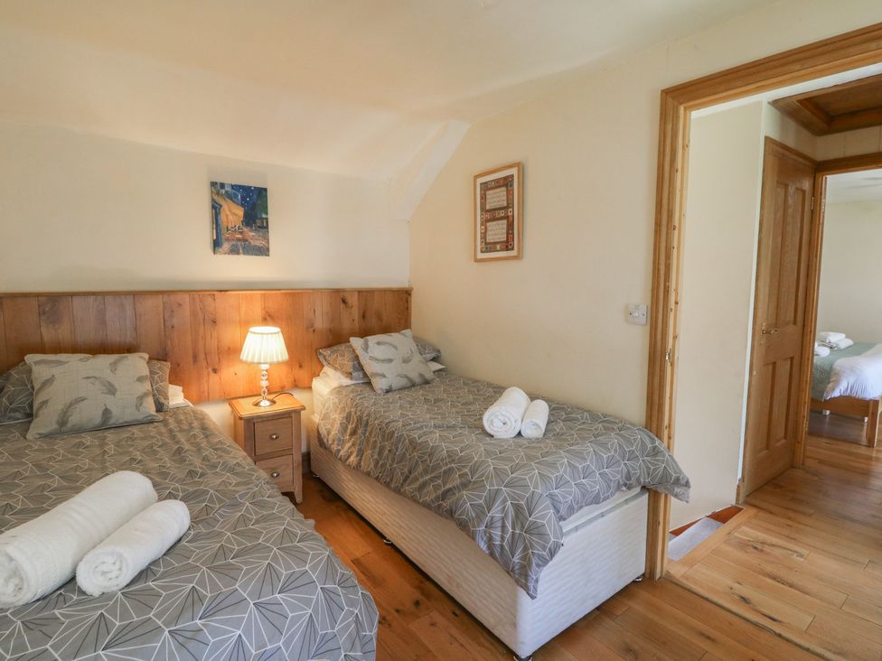 A bedroom with two beds and a bedside lamp at Felin Gogoyan Tregaron