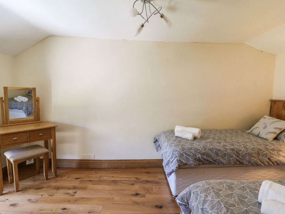 A bedroom with two beds and a mirror at Felin Gogoyan in Tregaron