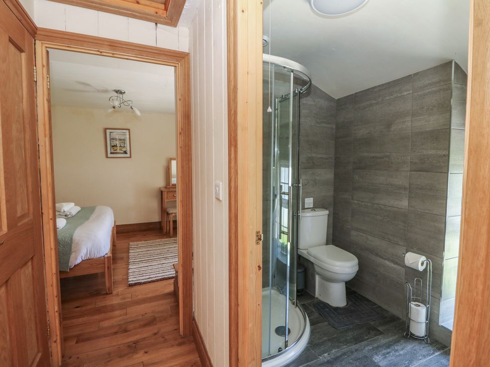 A bathroom with a shower and toilet at Felin Gogoyan in Tregaron