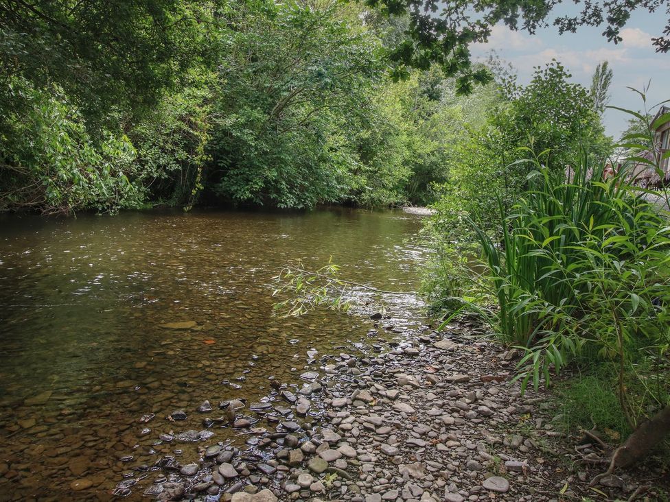 A river with rocks and vegetation at Snowdrop in Eardisland
