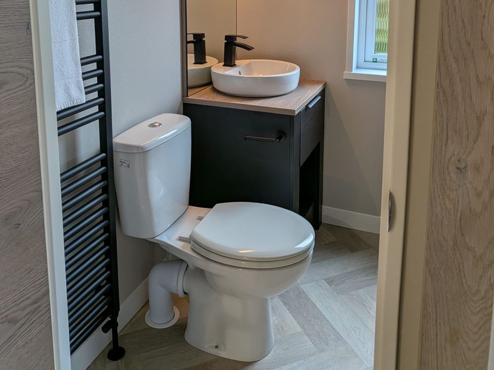 A bathroom with a toilet and sink at Snowdrop in Eardisland