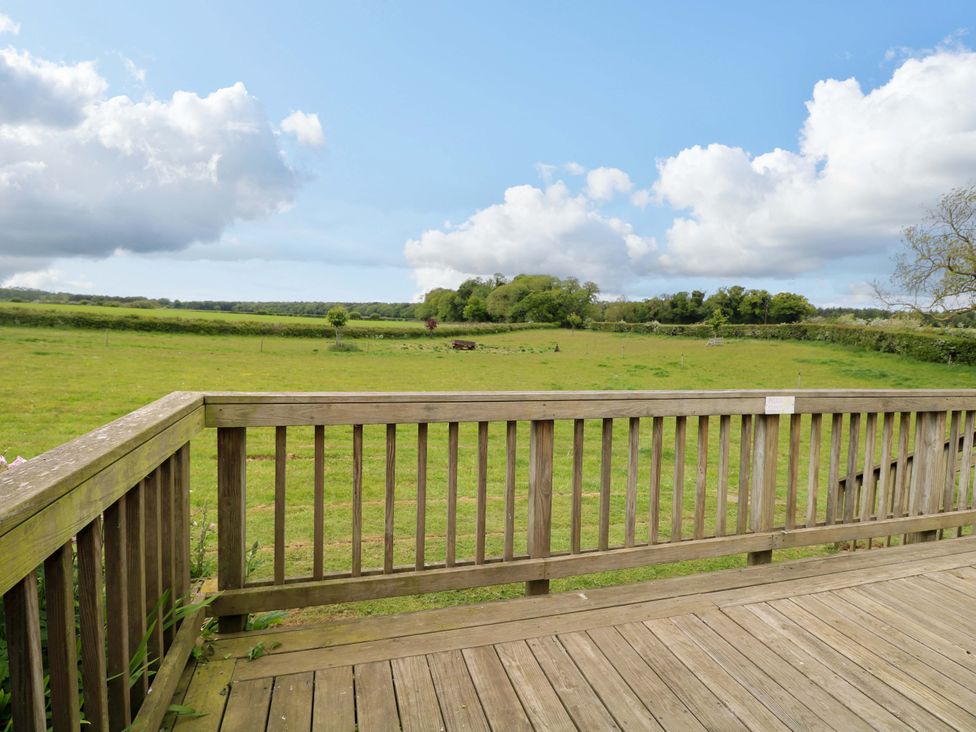 A wooden deck with a view of a field at Hollyhock in King's Lynn